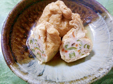 野菜たっぷり、鶏ひき肉の油揚げ詰煮